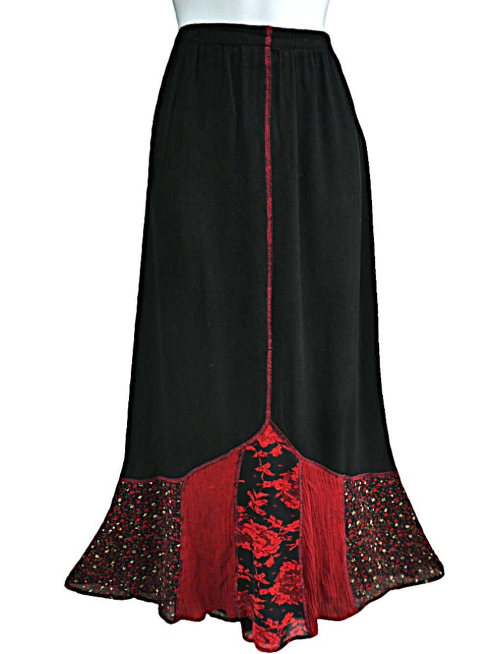 Vintage USA Tommy N Loulou Black Maxi Skirt Mixed Red Floral Patchwork Mermaid L